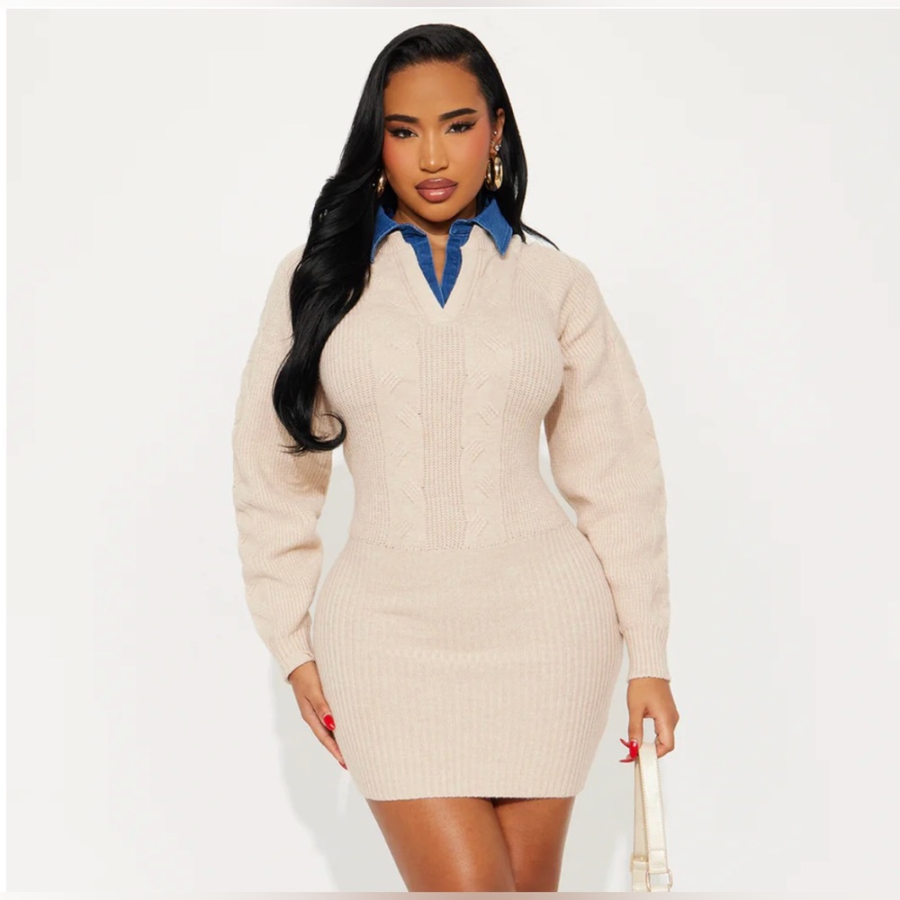Fashion Nova Cream Knit Long Sleeve Dress